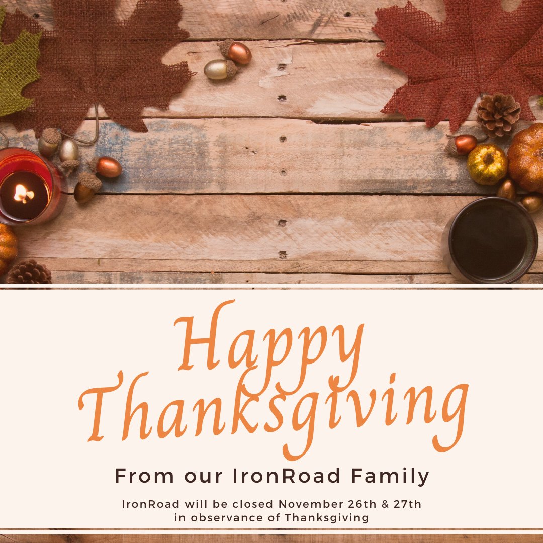 IronRoadPEO's tweet photo. Although this year has been tough, we still have so much to be thankful for. Our entire team is wishing you and your family a safe and happy Thanksgiving! https://t.co/YezpsWKqco