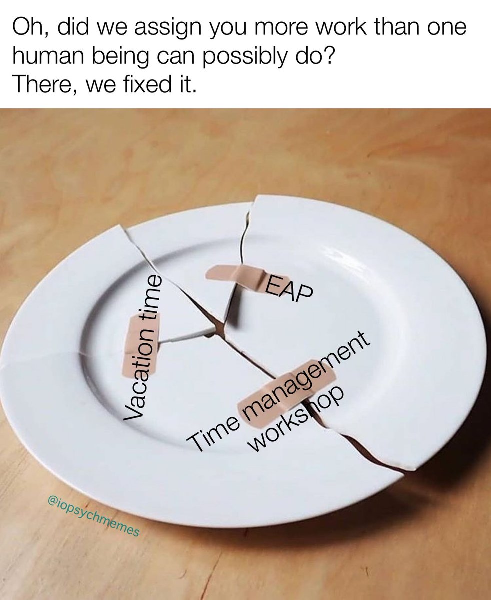 There are limits to what a single human being can do. Protect your employees from chronic overwork if you want them to stay engaged, loyal, and innovative. #stress #OHPsych #iopsych #iopsychmemes #psychology #psychologymemes #psychmemes #APpsych (tx <a href="/dr_lbarber/">Lacie Barber</a> for collab)