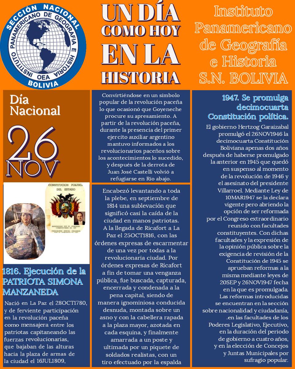 IGMbolivia's tweet photo. RT @ipghbolivia: ✓ 26 DE NOVIEMBRE
1816. EJECUCIÓN DE LA PATRIOTA SIMONA MANZANEDA
Nació en La Paz el 28OCT1780, y de ferviente participación en la revolución paceña.

✓ 1947. Se promulga DECIMOCUARTA CONSTITUCIÓN POLÍTICA. https://t.co/sll0XUZz2E