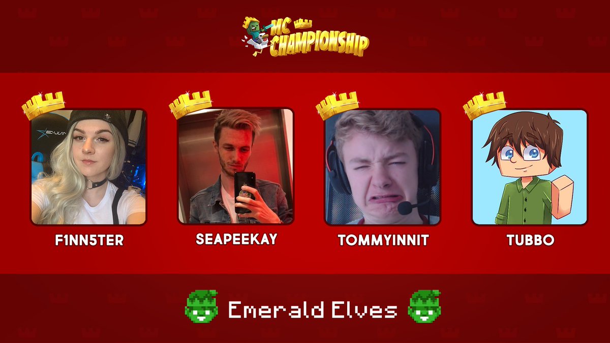 👑 Announcing Team Emerald Elves! 👑 @F1NN5TER @Seapeekay @tommyinnit @TubboLive Watch them compete in the MC Championship on Saturday 12th December 8pm GMT!