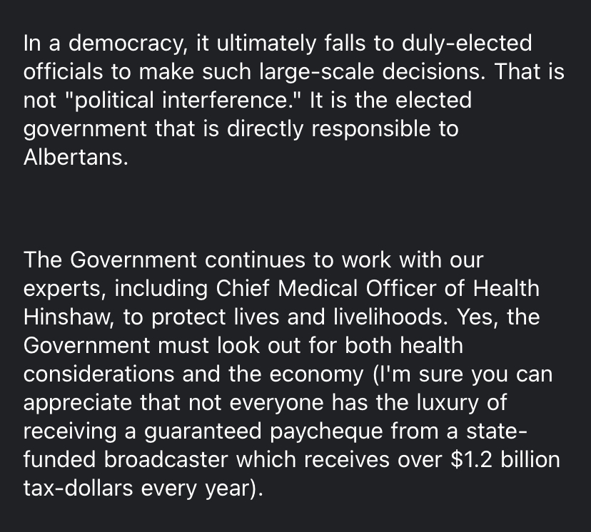 Premier Kenney, Health Minister Shandro, and Dr. Hinshaw would not agree to be interviewed on this. Here is part of how the premier's deputy press secretary  @HarrisonFleming (who is paid with public money) replied to our request:  #ableg