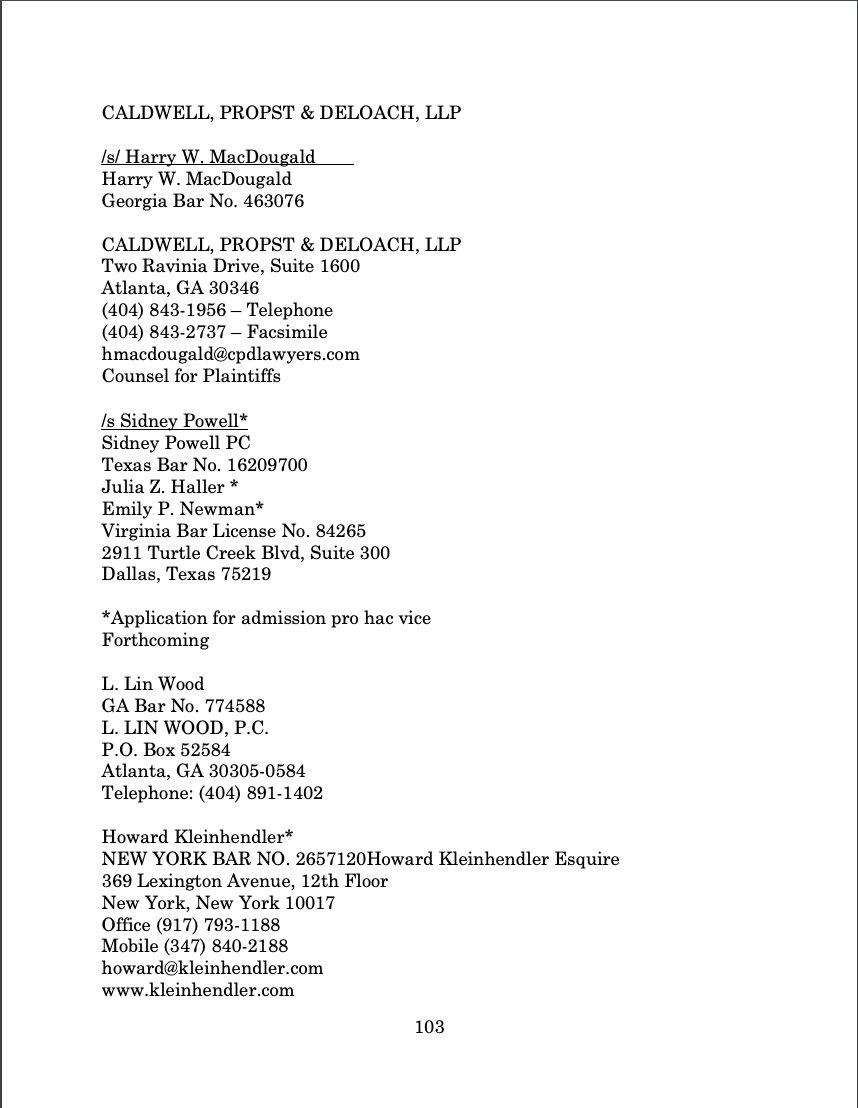 Finally, none of these lawyers listed have any election law experience (unless you count Lin Wood getting his TRO denied) based on what I can see. That's not a good sign if you're filing a suit challenging *a presidential election.*