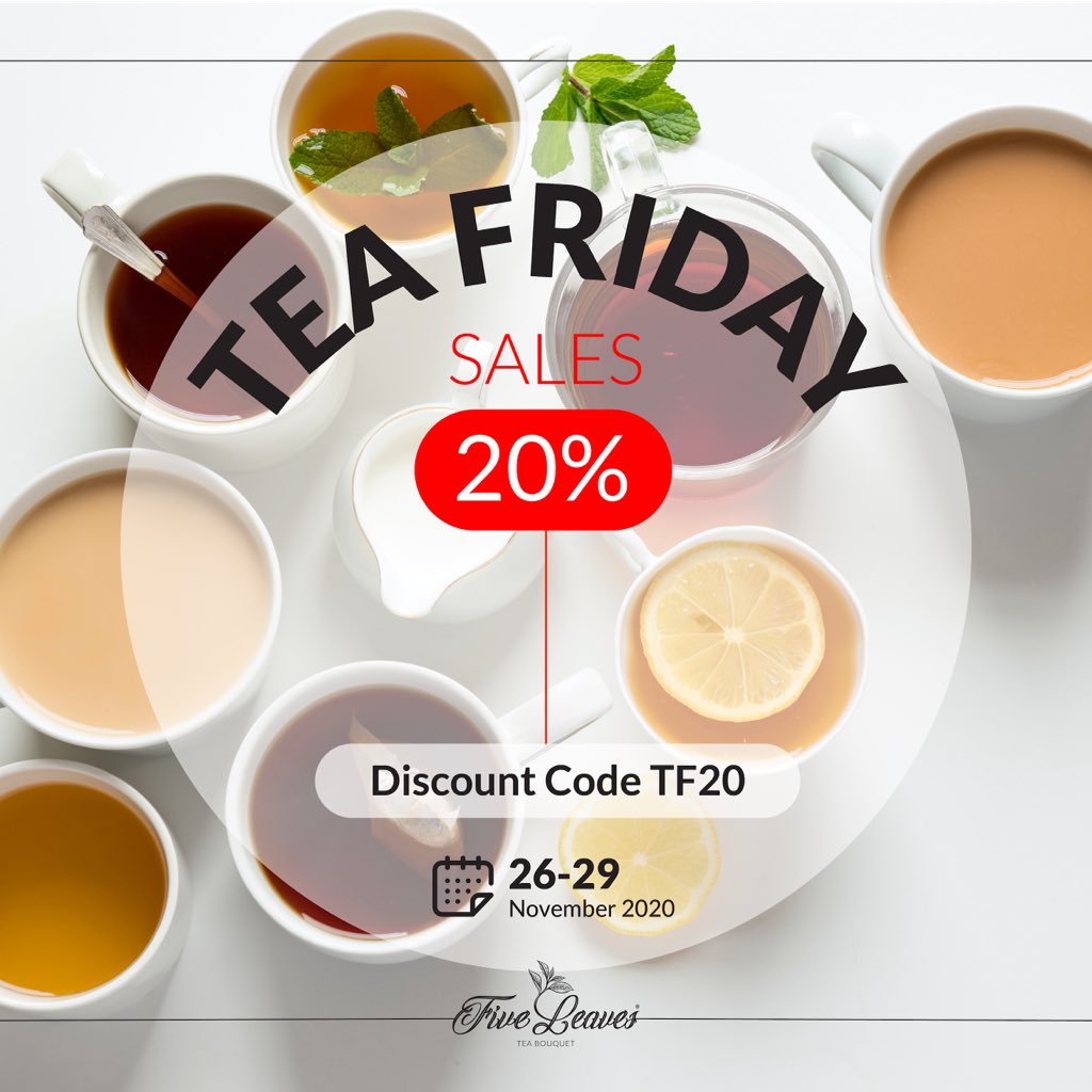 FiveleavesTea's tweet photo. Looking for a #blackfriday or a #whitefriday deals? Well, #tealovers out there, don’t miss out on our #Teafriday ‘s sale. Going on now for a limited time ! use the code: TF20 for 20% discount on your entire order.
#fiveleavestea https://t.co/6vjtYkjNJY
