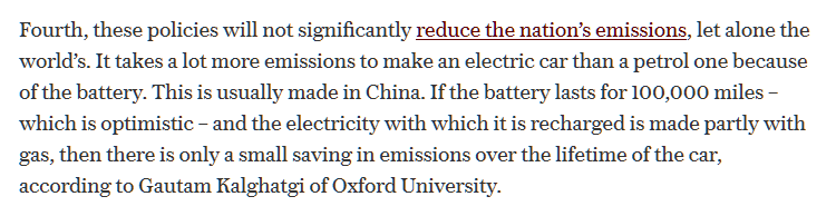 I want to focus on my academic specialty: in his tweet and in his column in the  @Telegraph he claims that the electric car emits more CO2 over its lifetime than a diesel car because of the battery production.Let's look at the facts.