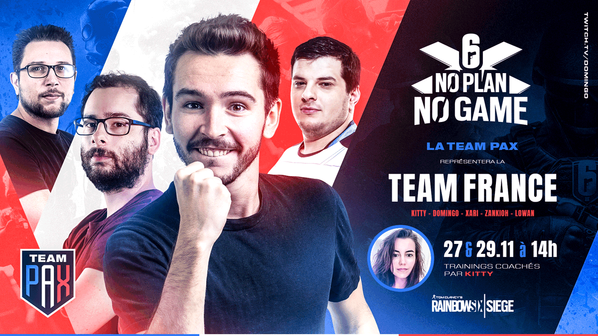 Domingo's tweet photo. J'ai l'honneur de vous annoncer que la Team PAX va représenter la France pour le  #NoPlanNoGame, un tournoi organisé sur @Rainbow6FR ! @ZANKI0H, @LowAn, @Xari_ &amp; moi, le tout coaché par @KittyyR6 qui vient compléter la line up pour ramener la coupe à la maison ! #TeamPaxR6 https://t.co/5dz9UEiXFL