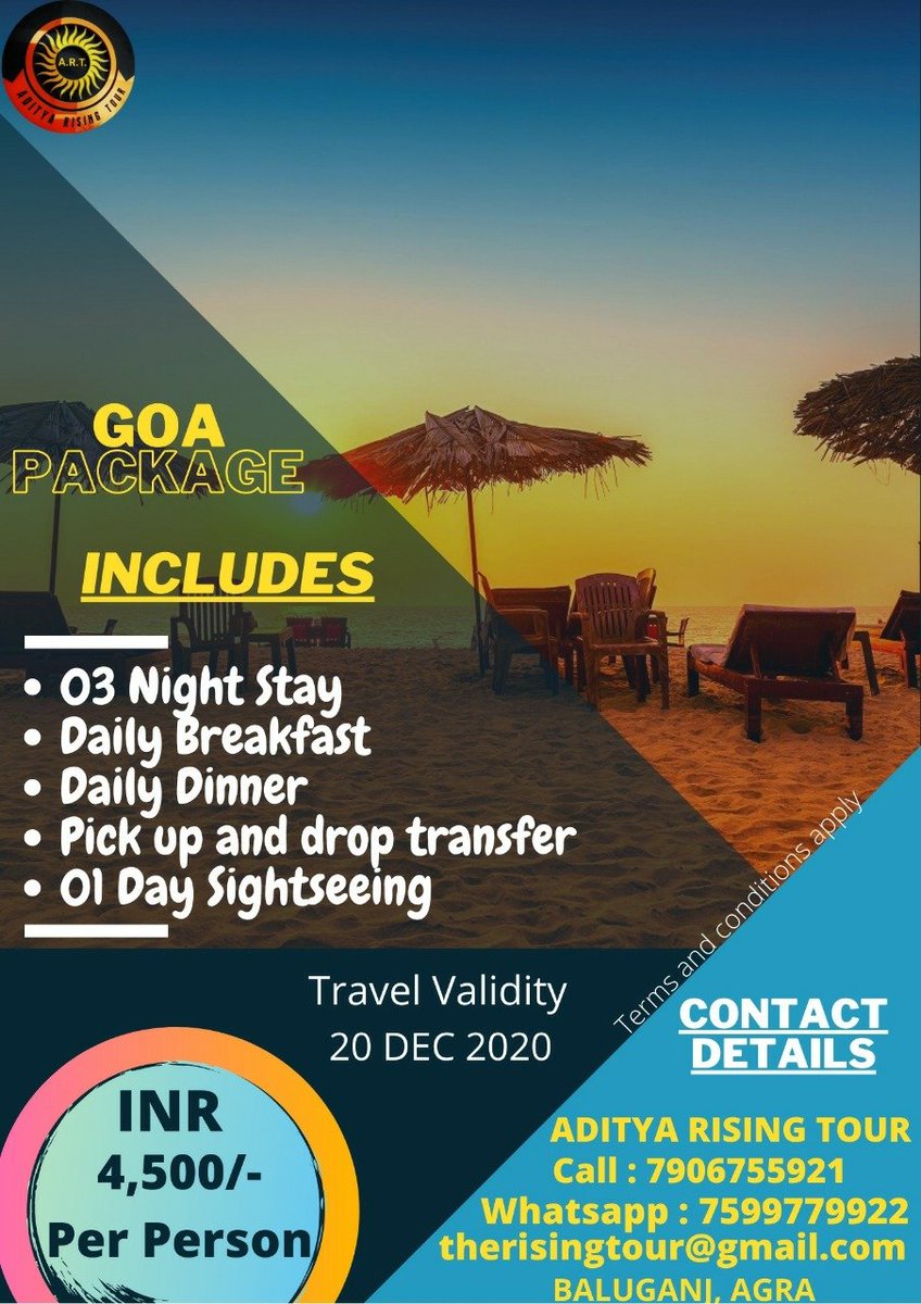FOLLOW_ART_22's tweet photo. 📢 Winter Offer 📢
Exclusive Deals for 3* Hotel in Goa
Package Cost - 4,500/- per person
Follow us @FOLLOW_ART_22
#adityarisingtour #ART #goatrip #goaplans #goaison #Goa #staysafe #stayhealthy #stayhome https://t.co/qmgoZ4pnDv