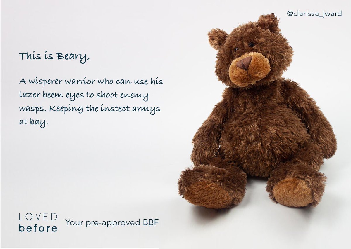 Clarissa_jward's tweet photo. @OneMinuteBriefs 
Brief of the Day: 
Create posters to encourage use of the 
@LovedBefore_
 soft toy adoption agency!! #LovedBefore

Tried to write from the perspective of how kids would sell their toys to eachother using their wild imagination and stories. https://t.co/E6PKTE5ej0