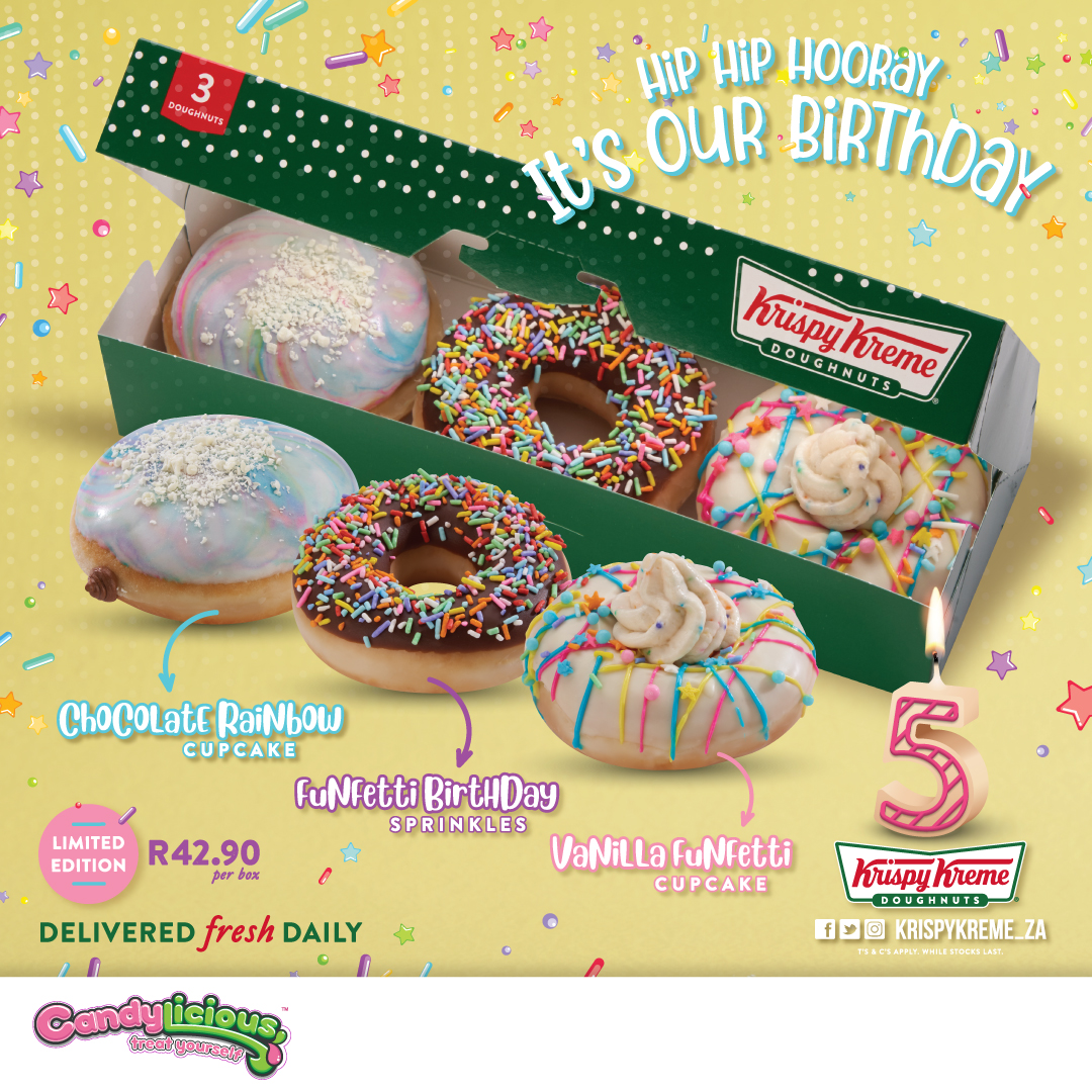 CandyliciousSA's tweet photo. Join Candylicious in celebrating
Krispy Kreme's 5th Birthday
with their limited edition
birthday trio range!
🎉5️⃣🇿🇦✨🍩

🍩 Carnival City
🍩 Gold Reef
🍩 GrandWest
🍩 Montecasino
🍩 Silverstar
🍩 Sun City
🍩 Time Square

Available 25 - 27 November ONLY! https://t.co/mJLFUrg4eF
