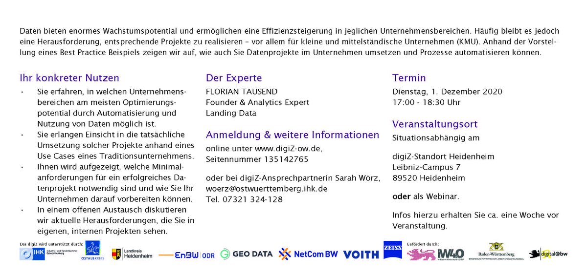 Ist fast wie das erste Türchen zu öffnen...

am 1. Dezember vom #digiZ Ostwürttemberg:
#Daten in #Unternehmen gewinnbringend nutzen

ab 18:30 Uhr live
für die #Wirtschaft der Region

hier anmelden
ostwuerttemberg.ihk.de/system/vst/267…