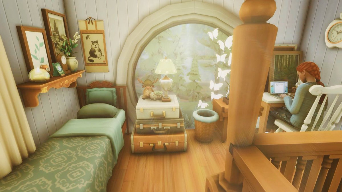 plantsimgirl's tweet photo. Here is the whole bedroom/livingroom! 🌲 sorry for taking so long on every build, I usually build everything twice for planning and filming and I’m also a bit busy with school. 😥 #thesims4 #sims4 #ShowUsYourBuilds https://t.co/NCuDSrU7nn
