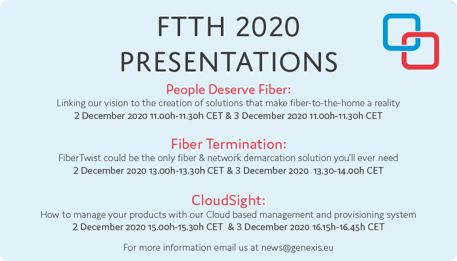 GenexisGroup's tweet photo. Join our joint workshop with Calix &amp; Nokia! And our presentations at #FTTH20 to find out more about how #Genexis makes #FTTH easy: our #fiber termination #solutions &amp; #routers, the #FiberTwist and our #management #software #CloudSight! For more info email us at news@genexis.eu https://t.co/9Wgw4WjGMC