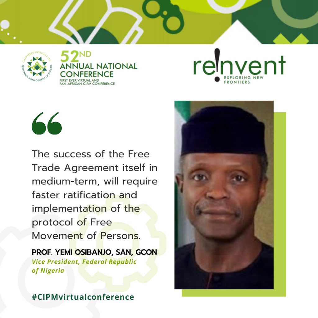 cipmnigeria's tweet image. It was a wonderful opening ceremony as His Excellency, @profosinbajo , kick-started the Conference with his Keynote address Titled: Nigeria and Manpower Preparedness for the African Continental Free Trade Area Agreement.

#cipmvirtualconference 
#cipmreinvent