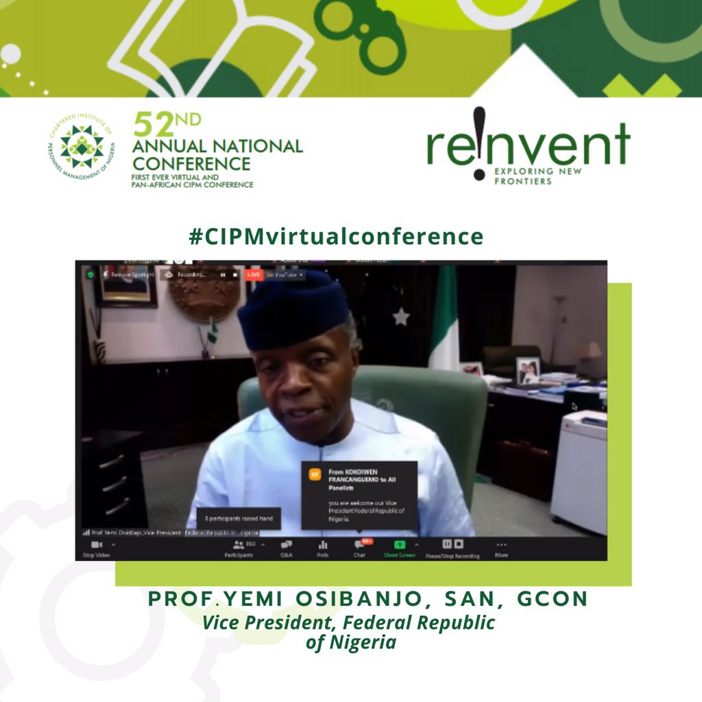 cipmnigeria's tweet image. It was a wonderful opening ceremony as His Excellency, @profosinbajo , kick-started the Conference with his Keynote address Titled: Nigeria and Manpower Preparedness for the African Continental Free Trade Area Agreement.

#cipmvirtualconference 
#cipmreinvent