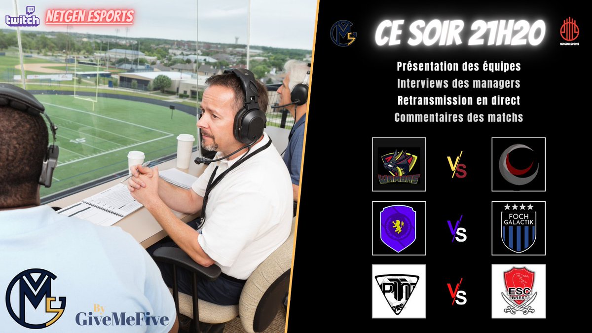 GiveMeFiveApp's tweet photo. Ce soir, c'est LIVE 🎥

21H20 : Lancement Live en DIRECT 🎙

Un RDV, une adresse : https://t.co/wTpQPNvOH0

Passez-y, dites à vos joueurs de suivre les matchs en direct ! 😉

 @CfTamtam @FcWambas @FochGalactik @AndycoFC @EsportPtm @escbrest @netgenesports https://t.co/aSw3BYfdu0