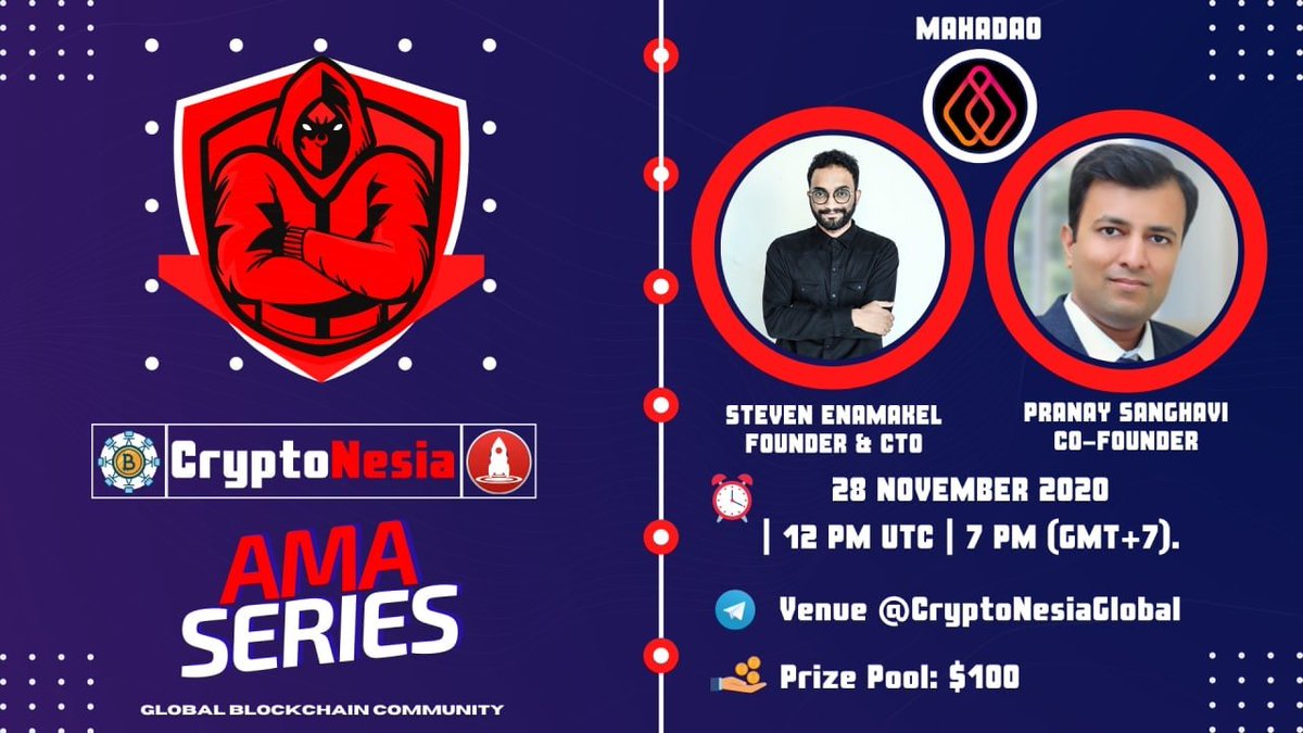 CryptoNesiaReal's tweet image. 🔊🔥 CryptoNesia will hold an AMA with MahaDAO on 28 November 2020 at 7 PM (GMT+7)/12 PM UTC. 

Prize: $100

Details - t.me/CryptoNesiaCha…

Rules:
1. Follow @TheMahaDAO &amp;amp; @CryptoNesiaReal
2. Like, Retweet, Tag 3 Friends &amp;amp; Send Your Questions Here!

#AMA #AMACRYPTO