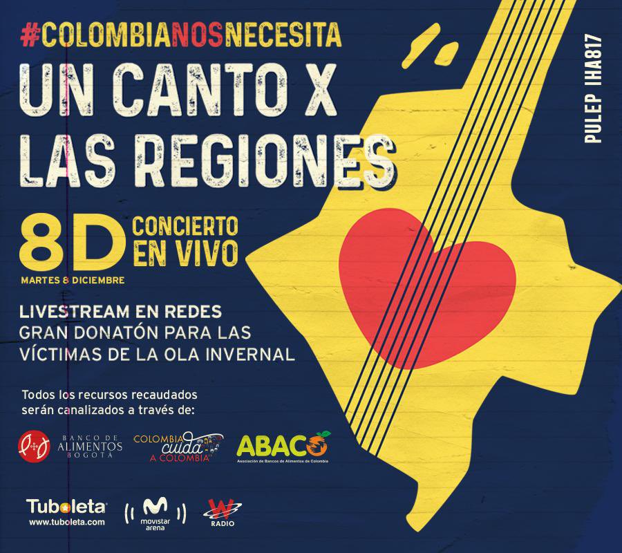cantoxcolombia's tweet photo. Volvimos por los damnificados de la ola invernal. Ya son más de 70 artistas los que se suman a #UnCantoXLasRegiones. Todos a donar para atender a las zonas más afectadas. Este 8D habrá una gran transmisión a través de nuestras redes y por @WRadioColombia 
¿Cómo ayudar? Hilo... https://t.co/7MUG79MgQZ