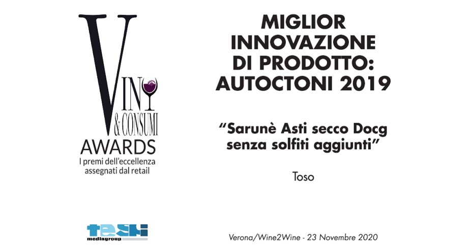 TosoSpA's tweet photo. Sarunè si è aggiudicato il premio come Miglior Innovazione di Prodotto nella categoria Autoctoni alla sesta edizione dei Vini&amp;Consumi Awards al @wine2wineVerona 2020
Grazie alla rivista Vini &amp; Consumi 

https://t.co/h6dfBfZ5gr https://t.co/k7TOC3urQb