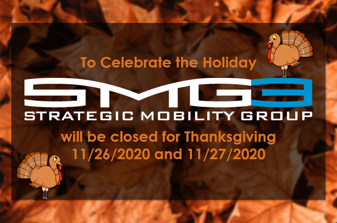 SMobility3's tweet photo. In celebration of the holiday, Strategic Mobility Group will be closed Thursday 11/26 and Friday 11/27. We will reopen Monday 11/30 at 8 am. Happy Thanksgiving from SMG3!

#HappyThanksgiving https://t.co/cWAuObSfbA
