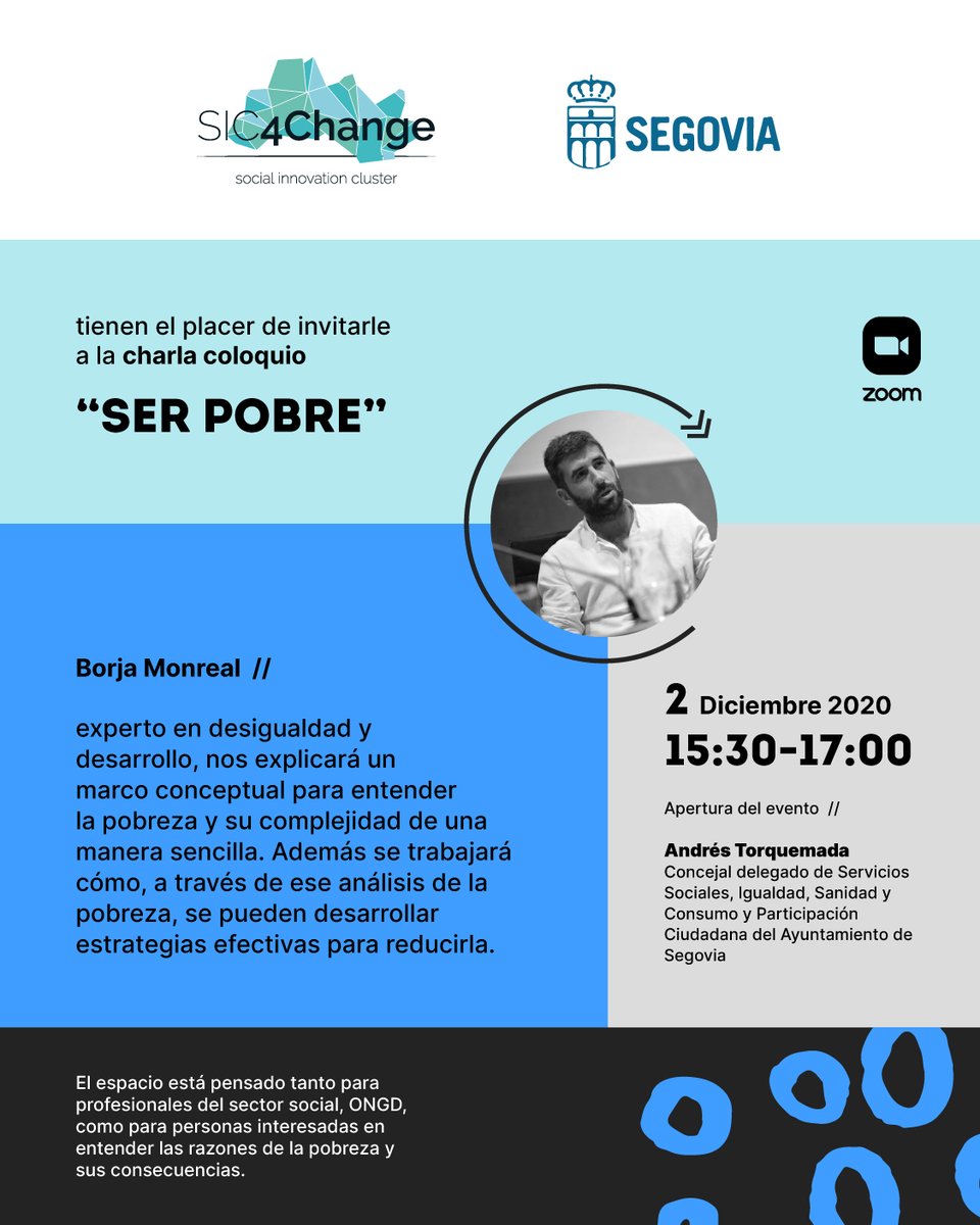sic4change's tweet photo. 📢📢📢 Conferencia📢📢📢: 
Para proponer soluciones a la pobreza primero hay que entenderla. El día 2 de Diciembre junto al @segovia_es a las 15:30, hablaremos de lo que supone Ser Pobre. 
Con @Borja_Monreal 
👉👉👉Inscripciones aquí: https://t.co/T36lqrshpZ
¡¡¡Te esperamos!!! https://t.co/2CWvmu1BHD