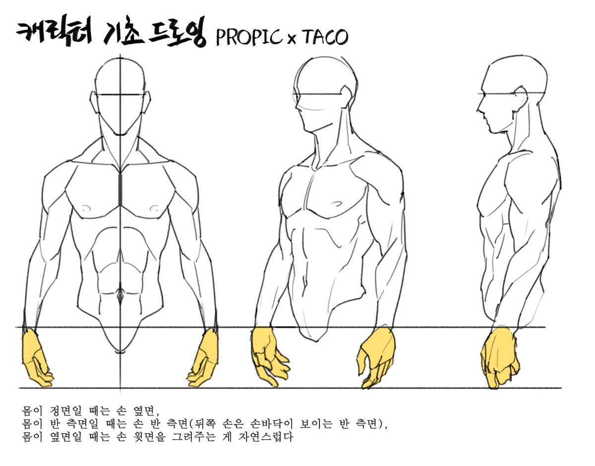 몸이 정면일 때는 손 옆면, 몸이 반 측면일 때는 손 반 측면, 몸이 옆면일 때는 손 윗면을 그리는 게 자연스럽다 