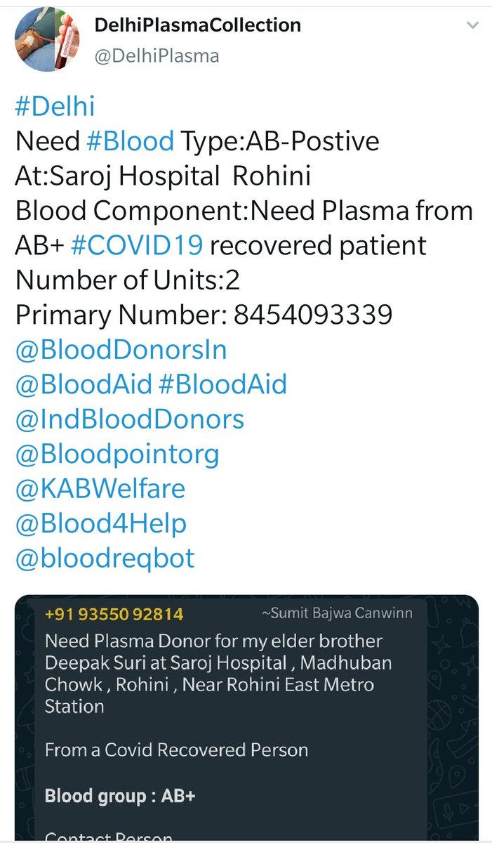 DelhiPlasma's tweet photo. क्या दिल्ली के लोग सामने आकर इनको plasma दान करेंगे @ArvindKejriwal @TajinderBagga Help🙏
#Delhi
Need #Blood Type:A,AB, O-Postive #COVID19 recovered patient
Number of Units:2
@BloodDonorsIn 
@BloodAid #BloodAid
@IndBloodDonors
@Bloodpointorg
@KABWelfare
@Blood4Help
@bloodreqbot https://t.co/cugIAXPxFu