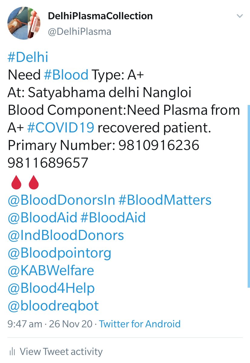 DelhiPlasma's tweet photo. क्या दिल्ली के लोग सामने आकर इनको plasma दान करेंगे @ArvindKejriwal @TajinderBagga Help🙏
#Delhi
Need #Blood Type:A,AB, O-Postive #COVID19 recovered patient
Number of Units:2
@BloodDonorsIn 
@BloodAid #BloodAid
@IndBloodDonors
@Bloodpointorg
@KABWelfare
@Blood4Help
@bloodreqbot https://t.co/GXKZSMiYl2