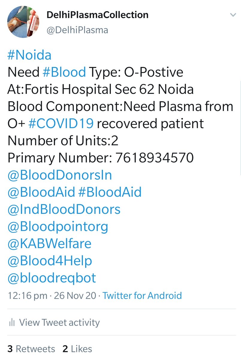 क्या दिल्ली के लोग सामने आकर इनको plasma दान करेंगे @ArvindKejriwal @TajinderBagga Help🙏 #Delhi Need #Blood Type:A,AB, O-Postive #COVID19 recovered patient Number of Units:2 @BloodDonorsIn @BloodAid #BloodAid @IndBloodDonors @Bloodpointorg @KABWelfare @Blood4Help @bloodreqbot