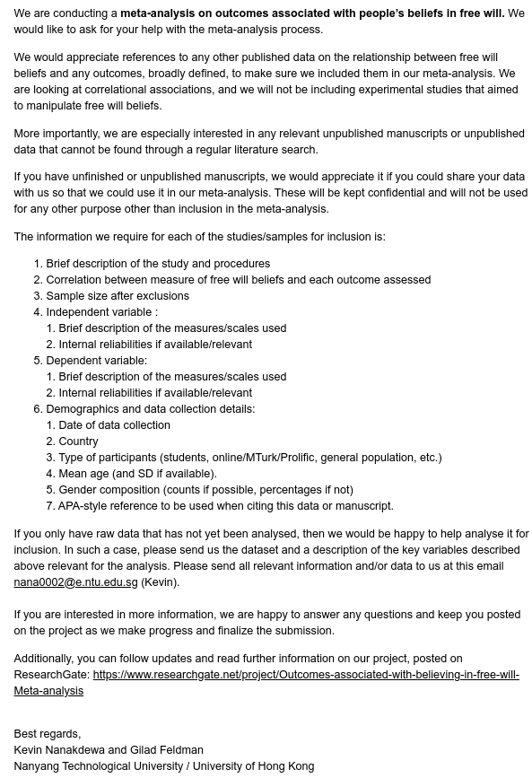 easpinfo's tweet photo. Call for published/unpublished manuscripts/data for meta-analysis on outcomes associated with people’s beliefs in free will. Please RT and help out if you can. #CallforData #metaanalysis @giladfeldman  https://t.co/J0TV4EY1Cd https://t.co/YNotBBvvgc