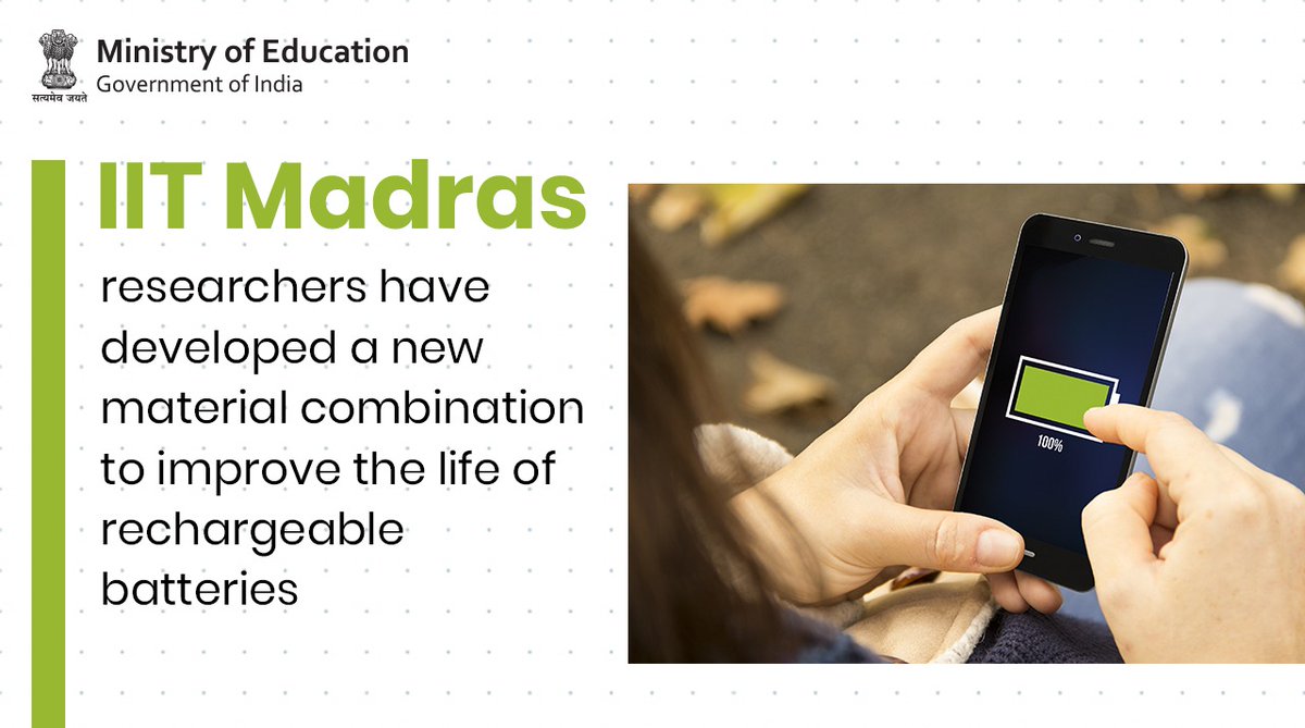 DrRPNishank's tweet photo. Researchers at @iitmadras have developed a new material that will significantly improve the life of rechargeable batteries used in devices such as smartphones, laptops, etc. This wonderful #innovation by #IITMadras promises to be a big boon for the electronic &amp; EV industry. https://t.co/YNB7ivhuaz
