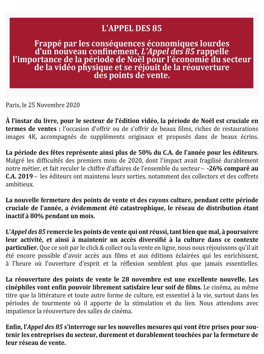 PotemkineFilms's tweet photo. Parce qu'on peut aussi relayer les bonnes nouvelles, l'Appel des 85 se réjouit de la réouverture des boutiques ! Noël sera cinéphile !
#appeldes85 #VideoForever #DVD #Bluray #potemkine https://t.co/WsCfNjznk6