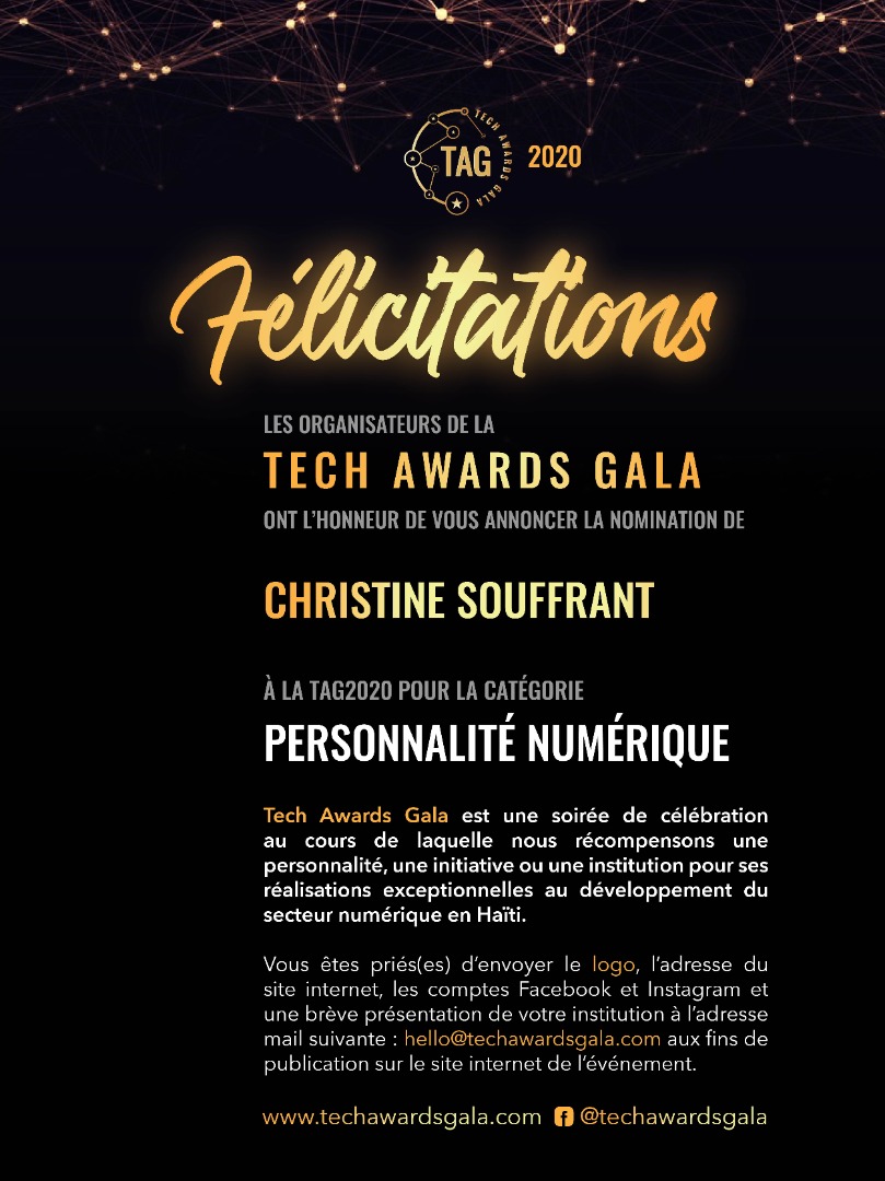 HaitiTSummit's tweet photo. La Tech Awards Gala se propose de recompenser une personnalité, une initiative ou une institution pour son engagement au développement du numérique en Haïti. #TAG2020 ***Congrats to Founder @Christinesntim - We were also nominated for this honor! Thank you all. #haititechsummit https://t.co/NCAEziRm11