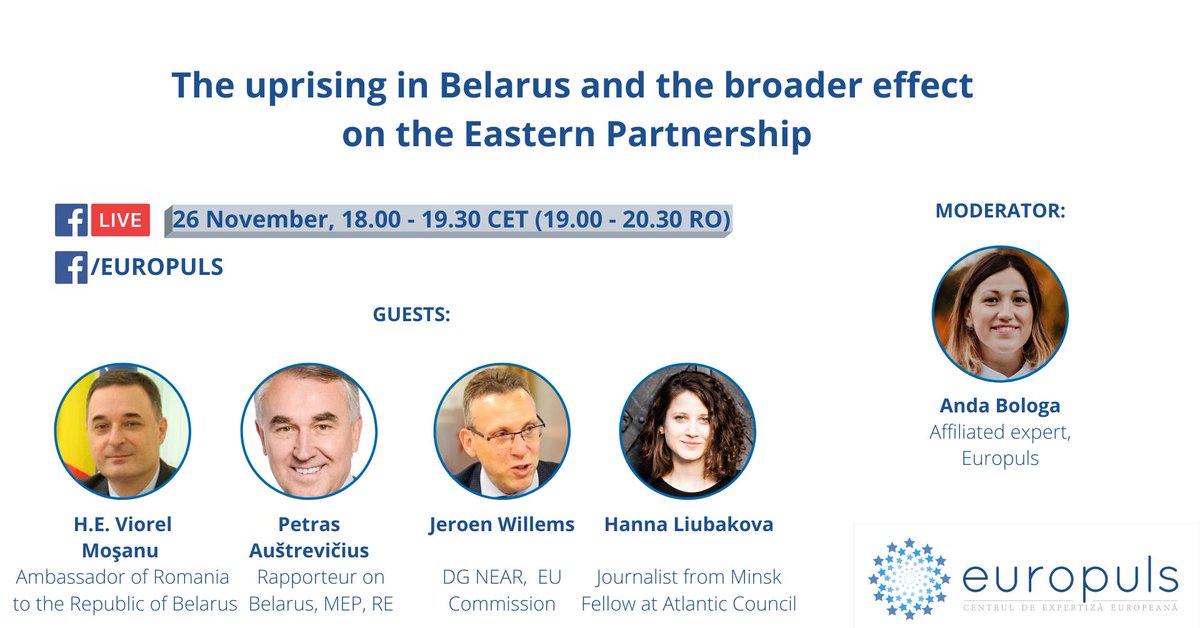 Europuls (@europuls) on Twitter photo Join today the <a href="/Europuls/">Europuls</a> webinar on Belarus, which will be live-streamed on our Facebook page from 19:00, Bucharest time.
<a href="/petras_petras/">Petras Austrevicius</a> <a href="/HannaLiubakova/">Hanna Liubakova</a> @eu_near <a href="/MAERomania/">Ministry of Foreign Affairs of Romania 🇷🇴</a>
Register at the following link to enter the Zoom debate with the speakers: europuls.typeform.com/to/UojXzrQh Join today the <a href="/Europuls/">Europuls</a> webinar on Belarus, which will be live-streamed on our Facebook page from 19:00, Bucharest time.
<a href="/petras_petras/">Petras Austrevicius</a> <a href="/HannaLiubakova/">Hanna Liubakova</a> @eu_near <a href="/MAERomania/">Ministry of Foreign Affairs of Romania 🇷🇴</a>
Register at the following link to enter the Zoom debate with the speakers: europuls.typeform.com/to/UojXzrQh