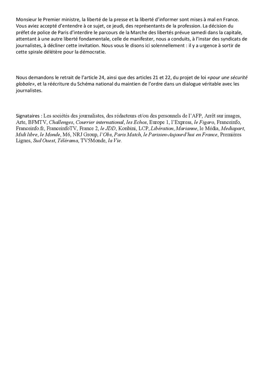 SDJ Le Média (@sdj_lemedia) on Twitter photo La SDJ du Média s'associe à cette lettre ouverte au Premier ministre <a href="/JeanCASTEX/">Jean Castex</a> avec une large majorité de la profession. La SDJ du Média appelle à manifester partout en France samedi contre cette nouvelle atteinte à nos libertés.
#StopLoiSecuriteGlobale La SDJ du Média s'associe à cette lettre ouverte au Premier ministre <a href="/JeanCASTEX/">Jean Castex</a> avec une large majorité de la profession. La SDJ du Média appelle à manifester partout en France samedi contre cette nouvelle atteinte à nos libertés.
#StopLoiSecuriteGlobale