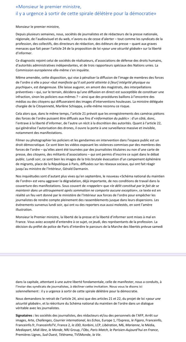 SDJ_M6 (@sdj_m6) on Twitter photo Monsieur le Premier Ministre <a href="/JeanCASTEX/">Jean Castex</a>, nous les Sociétés de journalistes, vous appelons à sortir de cette spirale délétÚre pour la démocratie #lettreouverte #StopLoiSecuriteGlobale Monsieur le Premier Ministre <a href="/JeanCASTEX/">Jean Castex</a>, nous les Sociétés de journalistes, vous appelons à sortir de cette spirale délétÚre pour la démocratie #lettreouverte #StopLoiSecuriteGlobale