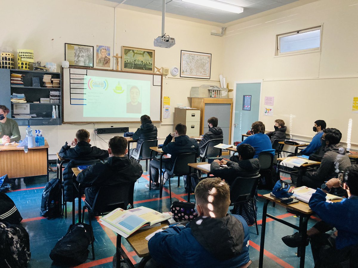 cahalane_n's tweet photo. Inspiring words from past pupils Adam, @lee_molloy1 and @DanielOlaniyi99 and @ucddublin Scholarship Award Winner Sean K encouraging the boys on their journey as part @CollegeAware 2020.incredible ambassadors for @moylepark and @tcddublin and @DCU https://t.co/ViidWIDksh