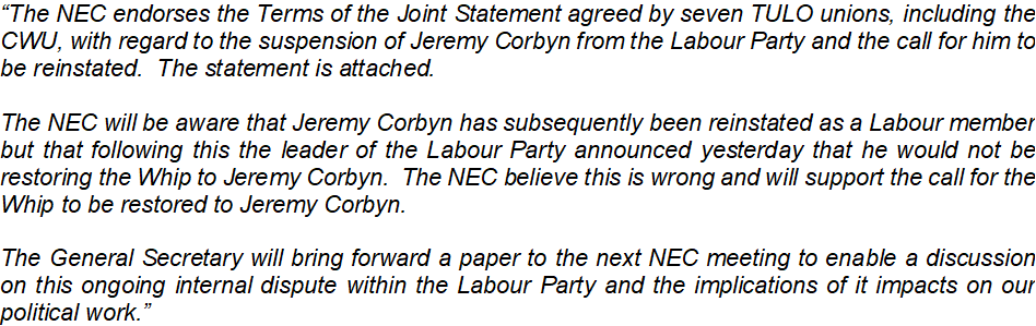 patrickkmaguire's tweet image. EXC: NEC of the Communication Workers Union, fifth biggest Labour affiliate, just unanimously passed this motion demanding Corbyn's reinstatement. 

Resolves to consider the extent of their relationship with Labour - disaffiliation not on table but financial contributions are.