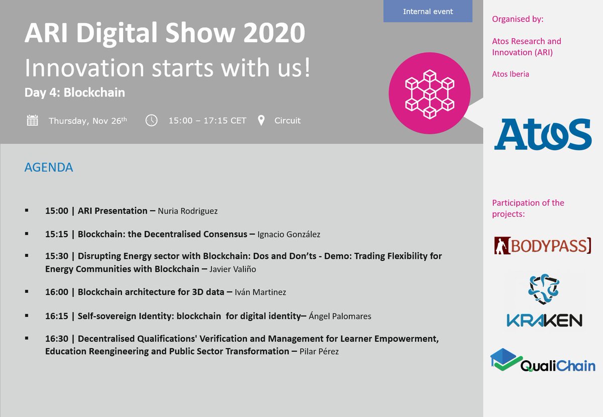 📢Our last day of the #DigitalShow2020 is starting! With <a href="/nuriarodo_1974/">Nuria Rodríguez</a> at the controls, we focus on #blockchain with <a href="/angel_palomares/">Angel Palomares</a> or <a href="/PilaruUh/">Pilar Pérez</a> among other colleagues. 

@Bodypassproject <a href="/KrakenH2020/">KRAKEN H2020</a> <a href="/QualiChain/">QualiChain</a>