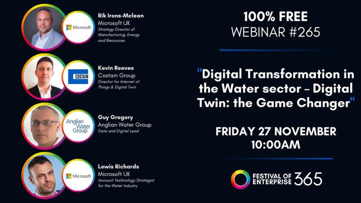 Don't miss this inspiring #firesidechat with <a href="/Microsoft/">Microsoft</a>, Guy Gregory from Anglian Water Services and our very own #digitaltwin expert, Kevin Reeves. Register today: bit.ly/2KxYgin #digitaltransformation