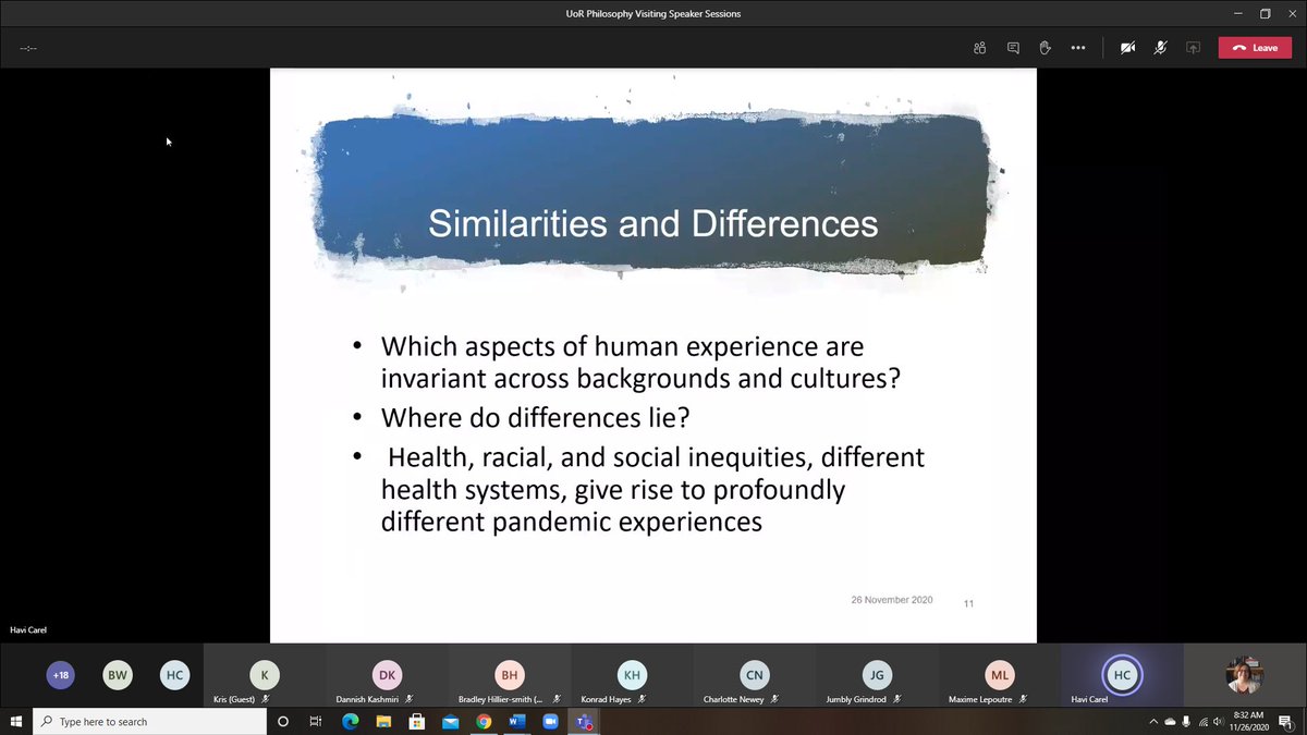 Phenomenology, Carel says, is sometimes thought to flatten human experience to seek what is common to all (Heidegger's Da-Sein, for instance). But it can reveal salient differences not just in then vs. now, but in for whom shifts have changed the most: racial disparities, etc.
