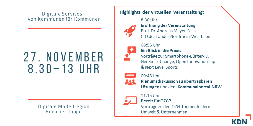 KDN_NRW's tweet photo. Seid gespannt auf neuen Input aus der #DigitalenModellregion #EmscherLippe und den #OZG-Themenfeldern #Umwelt & #Unternehmen. Auch
@CIONRW Prof. Andreas Meyer-Falcke ist per Videogruß mit dabei. Wir freuen uns auf einen tollen Tag! Los geht’s um 8.30 Uhr: https://t.co/HhhBT1VrCT https://t.co/lN2XlL4KbJ