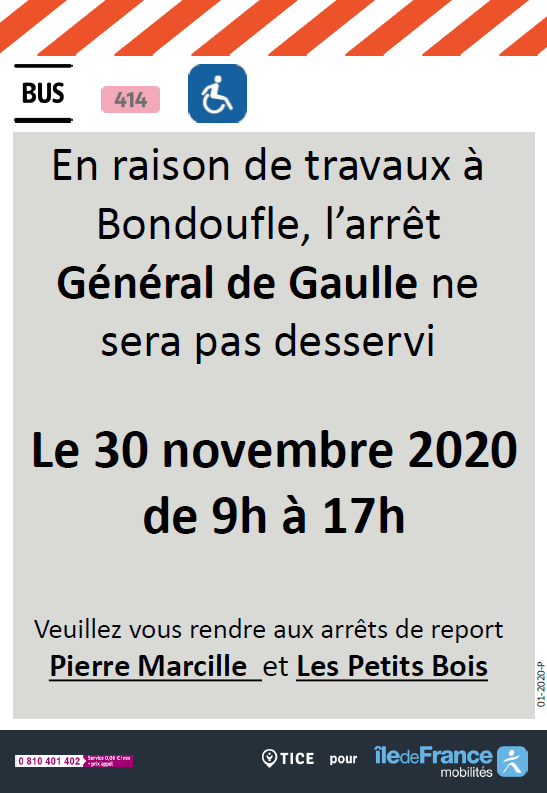 EvryEss_IDFM's tweet image. 🚧#InfoTrafic L'arrêt Général de Gaulle ne sera pas desservi sur la ligne #bus414 le 30 novembre de 9h00 à 17h00 suite à des travaux. Bonne route chez Tice. 🚌