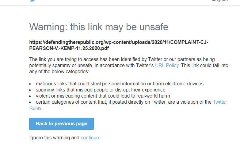 Twitter is now showing 'Unsafe Link' Warning Messages for @SidneyPowell1's website