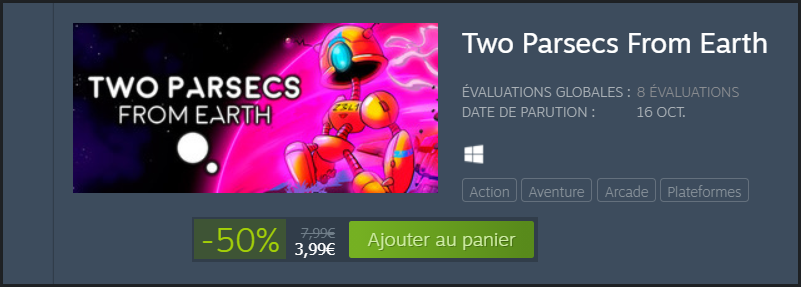 abxgames_studio's tweet photo. "Two Parsecs From Earth" in on sales on #Steam ^^
3.99€/$ instead of 7.99€/$ --> 50% off !!
(sales may comes later on consoles...)
@abyssahx #indiegame #indiegames #2PFE #TwoParsecsFromEarth #indiedev #promo #IndieGameDev https://t.co/G7upZwrmLI