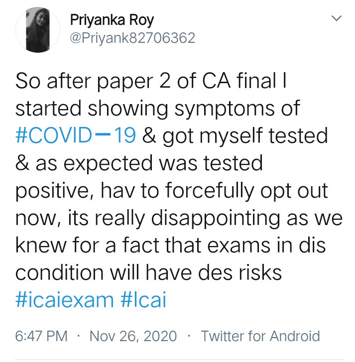 HarshBisaria's tweet photo. It has come to my notice that #CA students have been infected with covid due to recently conducted exams. Who is responsible for their health & future ?
Will #ICAI take care of their health and assure their medical treatment ? @theicai you played well with life of students..😏 https://t.co/9acfK8VCj8