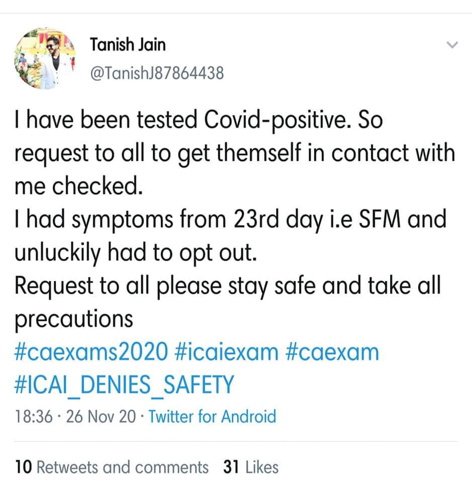 HarshBisaria's tweet photo. It has come to my notice that #CA students have been infected with covid due to recently conducted exams. Who is responsible for their health & future ?
Will #ICAI take care of their health and assure their medical treatment ? @theicai you played well with life of students..😏 https://t.co/9acfK8VCj8