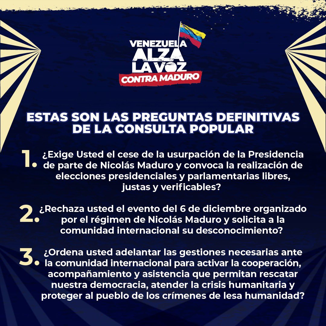 ConsultaVzla_Ca's tweet photo. ¿ CUALES SON LAS PREGUNTAS DE LA CONSULTA POPULAR?

El pueblo venezolano, dentro y fuera de Venezuela, tendrá el derecho de expresar y oficializar cual es la voluntad del pueblo en torno a estas 3 importantes preguntas

#consultapopular #venezolanosencanada #consultaxvzla https://t.co/ouqZzlSK66