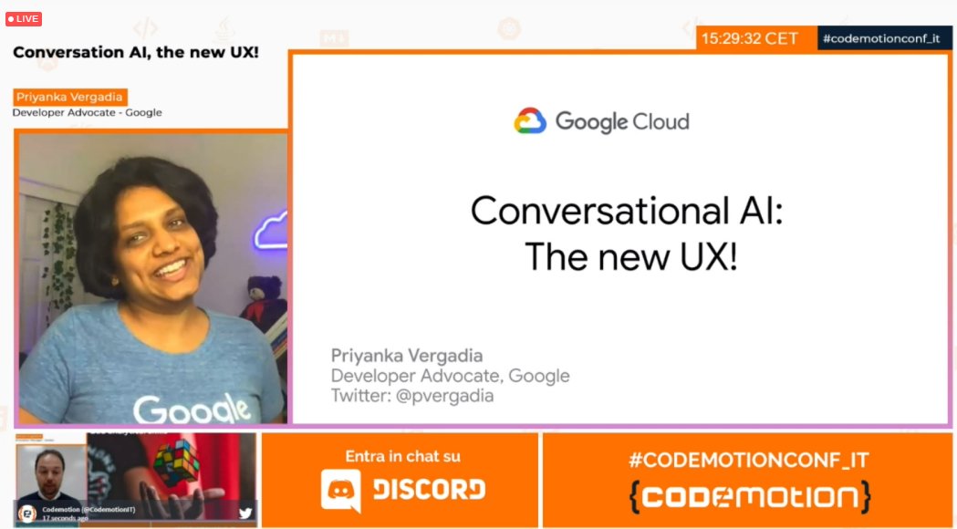 CodemotionIT's tweet photo. .@pvergadia
ha iniziato il suo talk: "Conversation AI, Simplified!" Si parla di chatbot e di come questi stiano diventando la nuova frontiera della User Iterface.
Seguite la diretta!
https://t.co/GRCXAOhzDG
#CODEMOTIONCONF_IT #AI #ML #UI https://t.co/l1L1Gb5qVL