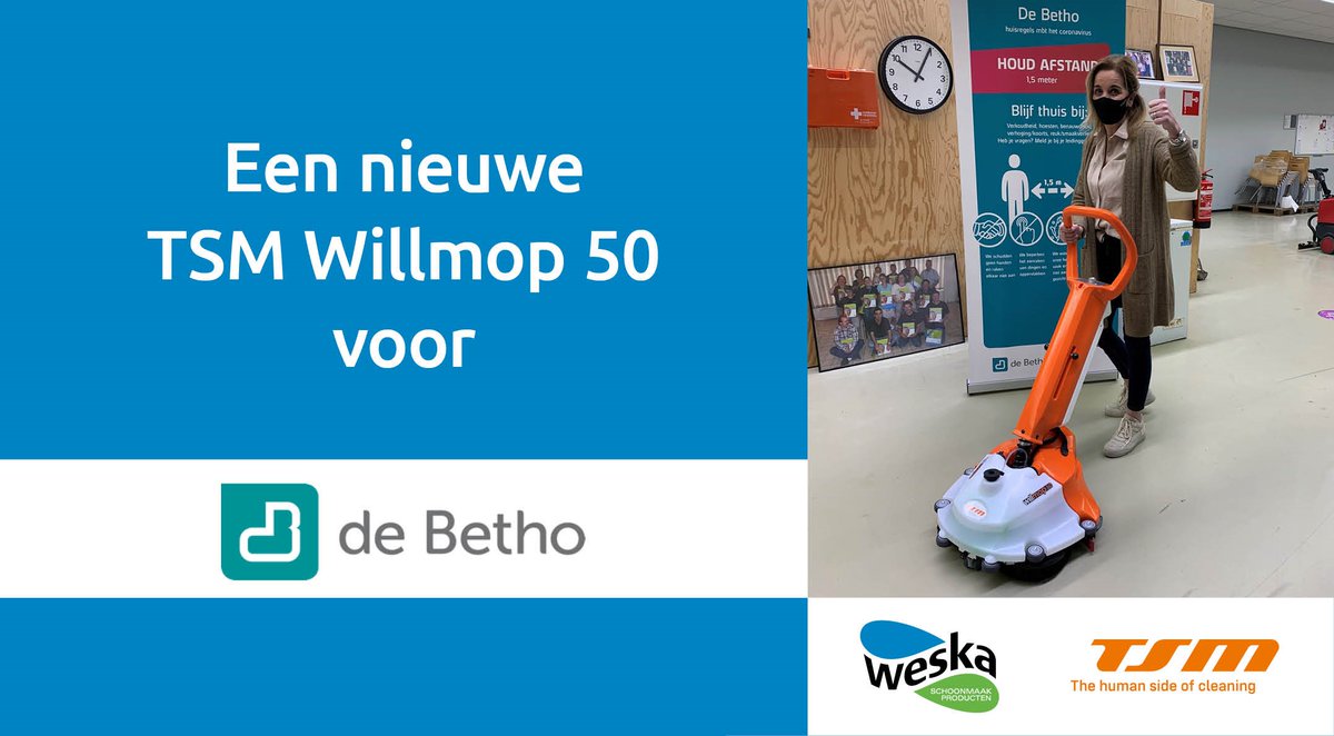 weskabv's tweet photo. Vandaag mochten we een TSM Willmop 50 schrobzuigmachine leveren aan Bianka Bodegraven van De Betho in Goes, het (sociale) werkvoorzieningsbedrijf voor Midden Zeeland. Hiermee kunnen de opgeruimde medewerkers van De Betho hun glansrol vervullen! #tsmwillmop50 #schrobzuigmachine https://t.co/a5zqIv396w