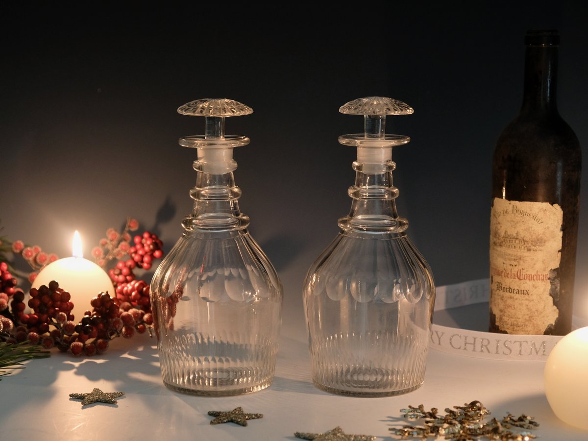 Pair of classic English decanters c1830 #antiquedecanters #georgiandecanter #englishglasss #forsale #marrisantique #antiqueglassdealer #wineantiques #bada