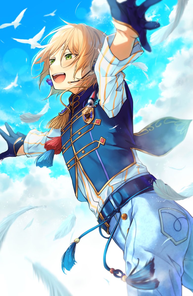 1boy male focus green eyes feathers tassel gloves solo  illustration images